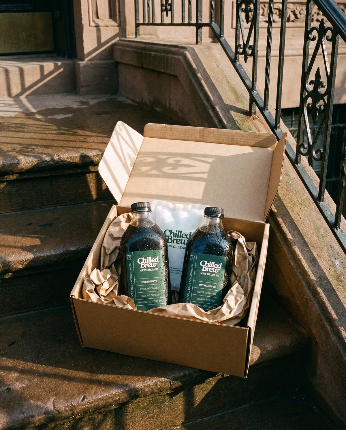 A Chilled Brew delivery box on a Brooklyn stoop