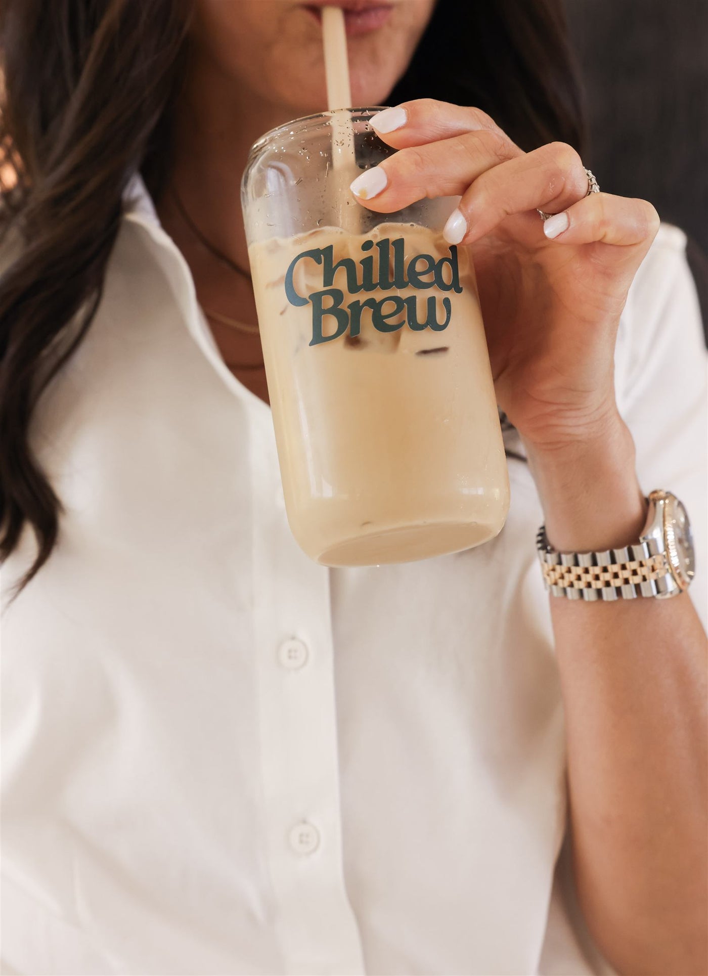 A Chilled Brew glass filled with cold brew and ice