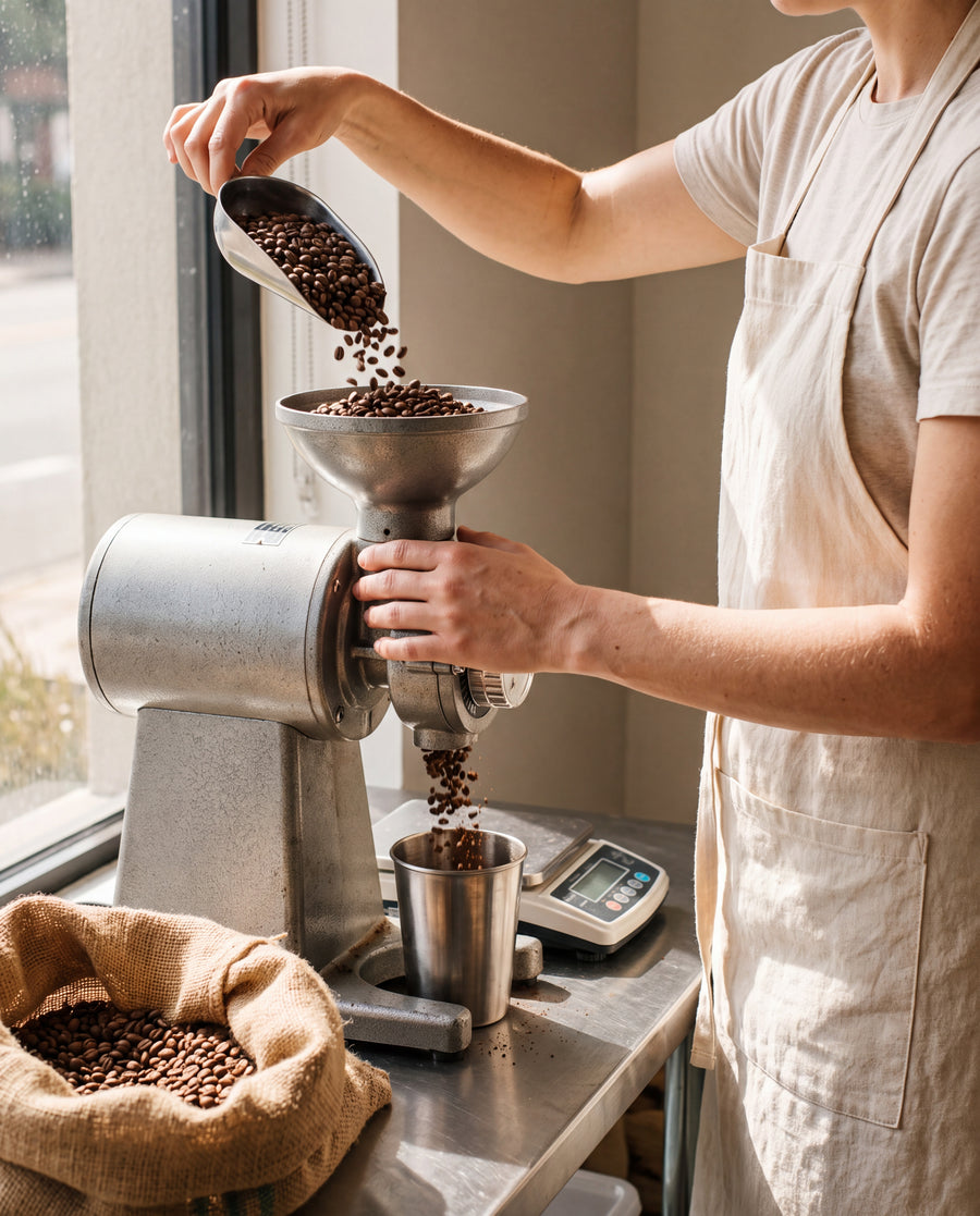 Grinding organic beans the morning of the steep