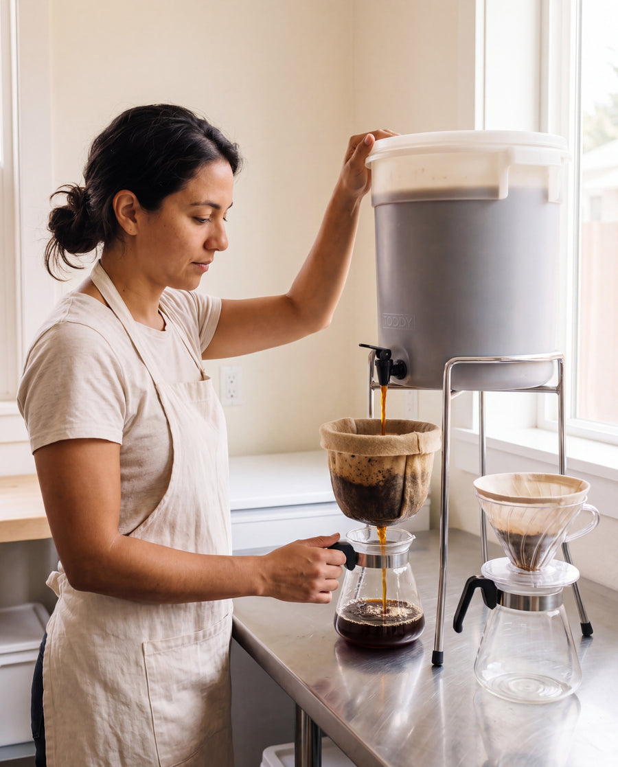Straining the concentrate into a clean carafe