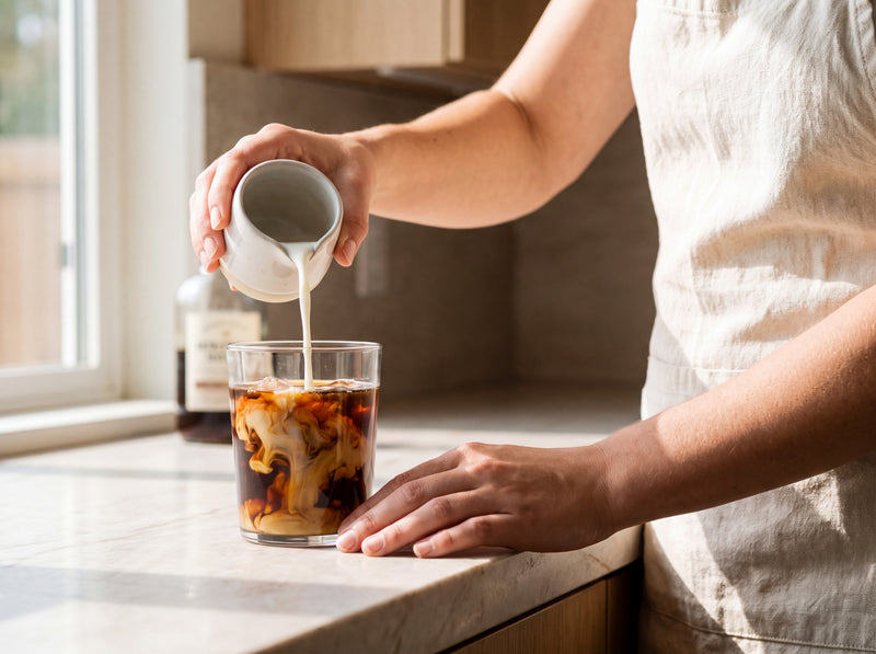 Pouring milk into a glass of concentrate